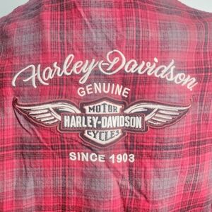 Harley Davidson XL Red Plaid Flannel Embroidered Front & Back Biker Shirt